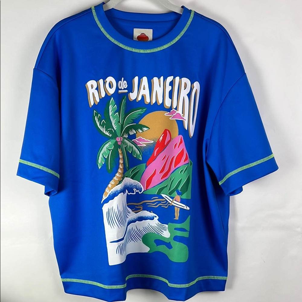 New FARM Rio Blue Graphic Short Sleeve Tee Tropical Vibrant Color Relaxed Small - Picture 5 of 11